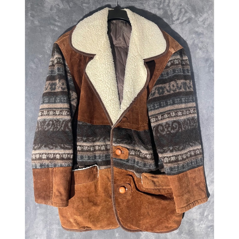 Vintage 70/80 Suede Western Rancher Coat Brown Southwest Faux Shearling Lined XL